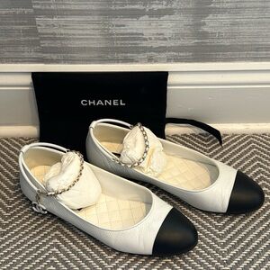 CHANEL Lambskin Patent Calfskin Cap Toe Ankle Chain Ballerina Flat